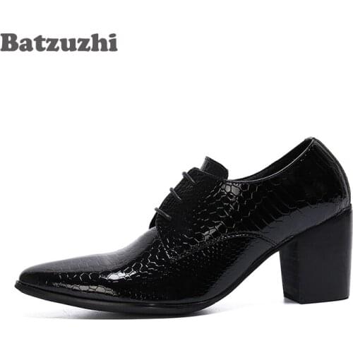 Batzuzhi 7.5cm High Heel Men Shoes Pointed Toe Black Patent Leather Dress Ankle Boots Men Party, Big Sizes 38-46