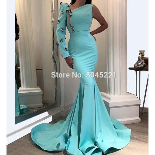 Saudi Arabia Mermaid Evening Dresses One Shoulder Satin Prom Dresses Turkey Party Gowns Vestidos De Festa 2019