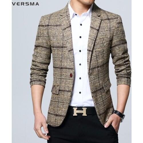 VERSMA Vintage Trend Plaid Business Casual Suit Blazer Jackets Coats Men Korean Slim Fit Groom Wedding Dress Blazers Jacket Men