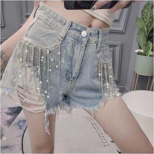The same Latin dance skirt golden denim shorts drill high waist loose rhinestone fringed pants trend Wide Leg Pants JEANS