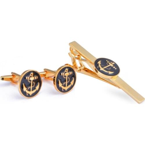 Fashion New French Style Cufflinks Blue Black Gold Anchor Cuff Links Tie Clip Set Business Cocktail Party Mens Suit Accessories