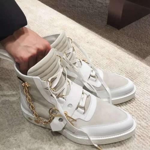 OLOMLB Womens Genuine Leather Metal Golden Chain Ankle Boots Lace Up Rivet Punk Gladiator Winter&Spring Styles Shoes Plus Size
