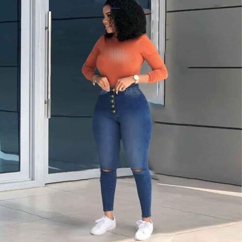 Womens Button Up Jeans High Waist Stretchy Slim Fit Plus Size 4XL 2021 Fashion Sexy Ripped Hole Denim Pants Pencil Trousers