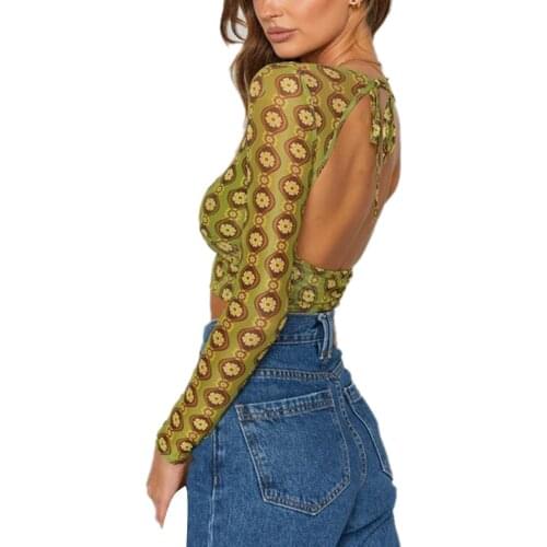 Women Sexy Floral Print Mesh Sheer Crop Tops Deep V-Neck Long Sleeve Backless Lace Up T-shirts Streetwear Ladies Casual Shirts