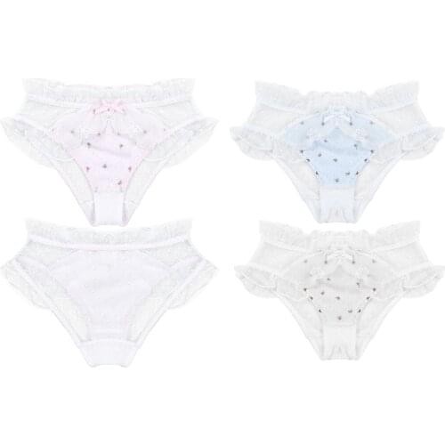 Women Cute Floral Print Low Waist Patchwork Briefs Lingerie Lace Trim Ruffled Panties See-Through Mesh Back Underpants Underwear