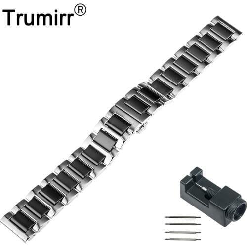 18mm 20mm 22mm Ceramic & Stainless Steel Watchband Universal Watch Band Link Strap Butterfly Buckle Belt Bracelet + Link Remover