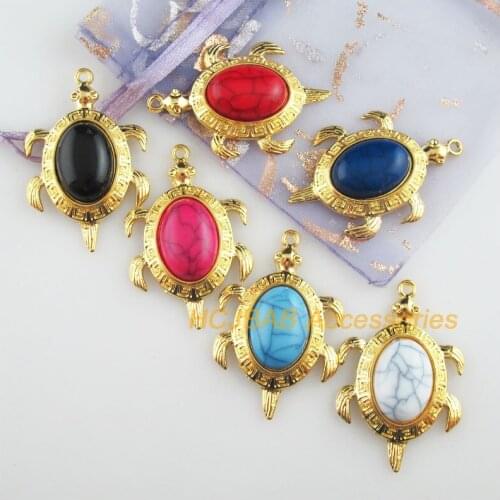 6Pcs Gold Plated Retro Animal Charms Tortoise Mixed Acrylic Pendants 27.5x42mm
