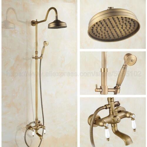 Antique Brass Shower Faucets Set 8'' Rainfall Shower Head Dual Handle Mixer Tap Swivel Tub Spout Bath Shower zan802