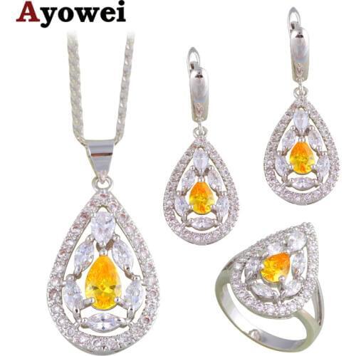 Ayowei Trendy Fashion Jewelry Yellow Zircon Silver Stamped Sets Earring Pendant Necklace Rings for Women Gift JS679A