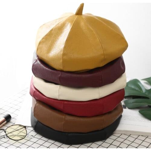 PU Leather Berets for Women Fashion Ladies Black Caps Stewardess Red Khaki Milky White Beret Autumn Winter Artist Hats Wholesale