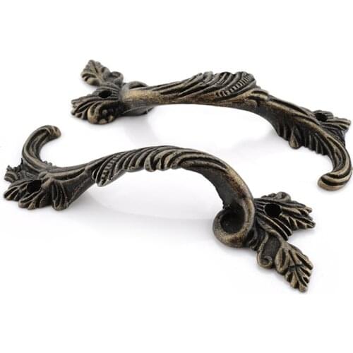 2pcs Bronze Vintage Cupboard Pulls Hardware Striped Carved Leaves Handles For Drawer Door Jewelry Box Cabinet
