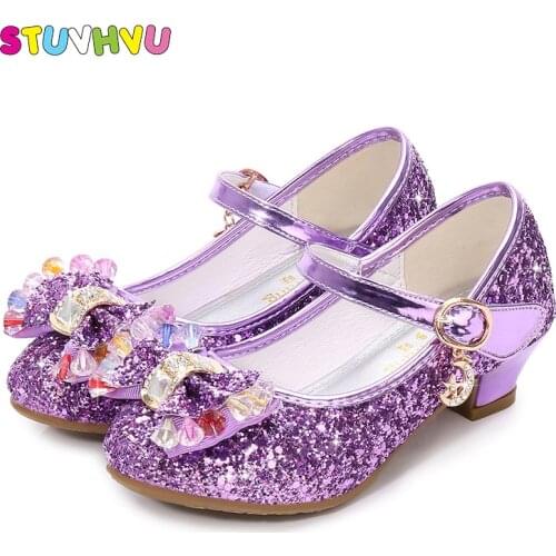 Kids Princess Shoes Crystal Girls High Heels 2021 New Sequin Rhinestone Leather Girls Shoes Party Wedding Dance Children Shoes