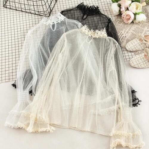 Elegant 2019 Women Autumn Hollow Out Lace Flower Solid Mesh Gauze Basic Ruffles Shirt Vintage Elastic Slim Pullover Blouse Tops