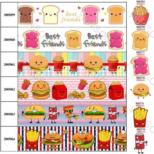 Hamburger Fries Cartoon Food5 Yards Grosgrain/Satin 30 Pcs Planar Resins 25mm/38mm/50mm/75mm for DIY Hair Bow Decorations