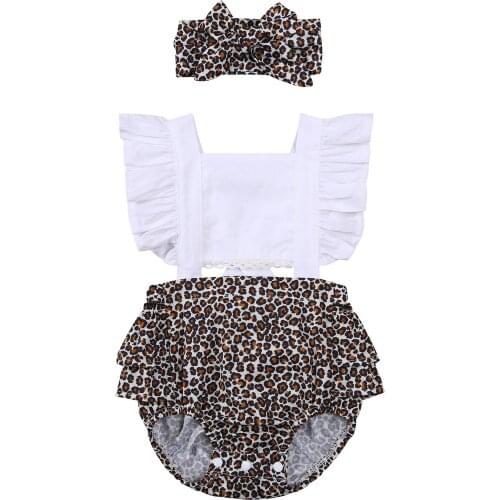 Baby Girls Jumpsuit with Headband Girls Leopard Print Square Neck Fly Sleeve Romper+ Hair Band for Summer 0-24 Months
