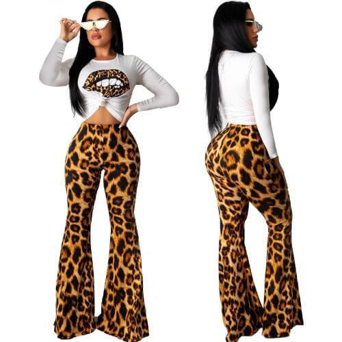 Two Piece Set Women Festival Clothing Leopard Lips Print Tops Cheetah Flare Pants Matching Sets Sexy 2 Piece Outfits