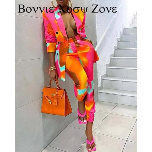 Colorblock Buttoned Blazer Coat & Pants Sets Spring Autumn Turn Down Collar 2PCS Fashion Womens Workwear Jacket Suit