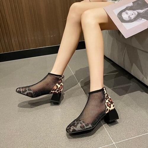 Summer New Casual Fashion Leopard-Print Mesh Breathable Zipper Ladies High-Heeled Chelsea Boots Elegant Temperament