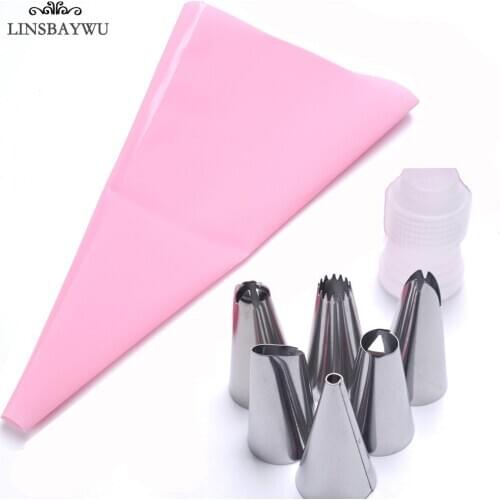 LINSBAYWU Silicone Kitchen Accessories Icing Piping Cream Pink Pastry Bag + 6 Stainless Steel Nozzle DIY Cake Decorating Tips