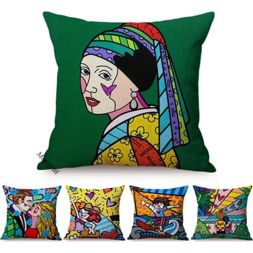 Modern Pop Art Cartoon Style Linen Cushion Cover Johannes Vermeer The Girl With The Pearl Home Decorative Sofa Throw Pillow Case
