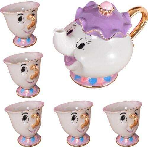 Cartoon Beauty And The Beast Tea Set Mrs Potts Chip Cup Set Sugar Bowl Mug [ 1 Pot + 5 Cups ] Valentines Day Gift