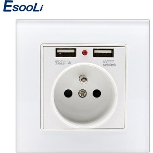 Esooli French Standard 16A Wall Power Socket White Crystal Glass Panel Outlet 2.1A Dual USB Socket Charger Port for Mobile