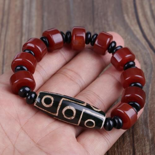 Natural dark brown wine red black pattern onyx semi precious big stone tibetan buddhism beads bracelet for man hand jewelry