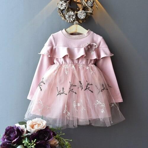 2021 Autumn New Girls Princess Dress Childrens Stitching Long-sleeved Lace Gauze Dress Baby Girl Patchwork Dress Kids Down Ball