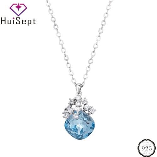 HuiSept S925 Sterling Silver Jewelry Necklace with Sapphire Zircon Gemstones Pendant Accessories for Women Wedding Engagement
