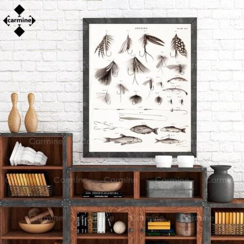Fly Fishing Poster and Print Vintage Steampunk Illustration Art Painting Antique Fish Lures and Hooks Picture Wall Art for Decor
