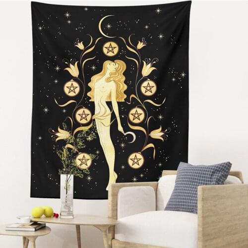 Sun Moon Woman Tapestry Tarot Card Witchcraft Wall Hanging Black Art Print Mural Background Tapestries for Bedroom Dorm Yoga
