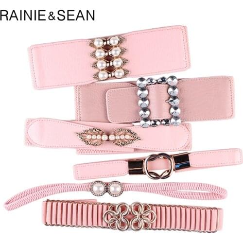 RAINIE SEAN Pink Belt Elastic Vintage Women Belt Pearl Decoration Ladies Belt for Dress Faux Leather Female Waist Belt