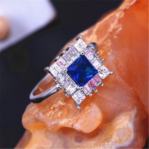 Luxury Shine Princess Cut Blue/White Zircon Square Shape Rings For Wholesale Women Jewelry Engagement Best Gift Ring Size 6-10