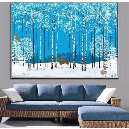 HAOCHU Christmas Decoration Canvas Painting Winter Landscape Animal Tree Picture Nordic Modern Home Decor Wall Art Poster Supply