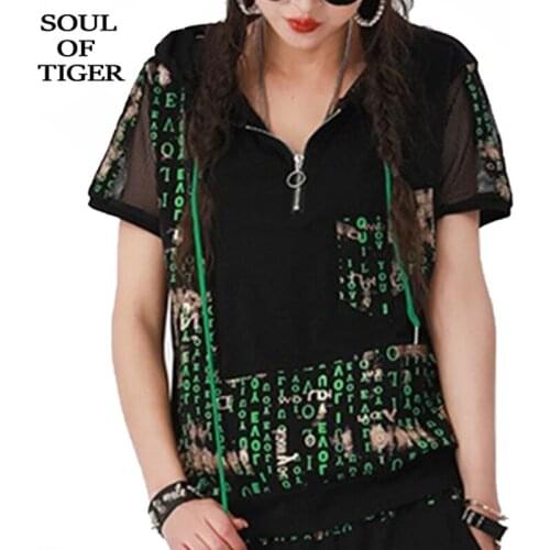 SOUL OF TIGER Summer 2021 New Design Ladies Patchwork Hooded Tees Womens Letter Printed Tshirt Female Zippers Drawstring Tops