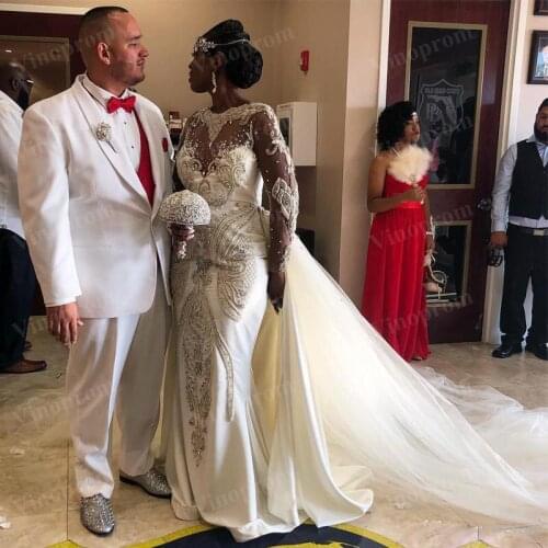 African Mermaid Wedding Dresses Detachable Plus Size Nigeria Beaded Crystal Open Back Wedding Gown 2021 Long Sleevess