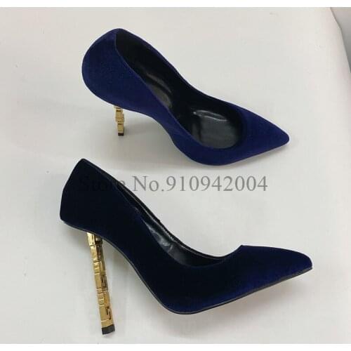 Sexy Suede Pointed Toe Pumps Stiletto Heels Shallow Dress Shoes Blue Wedding Shoes Bride Gold Heel Shoes