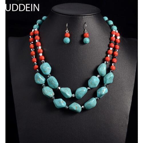 UDDEIN Bohemian Double layer Green Stone Necklace Women Vintage Statement Necklace & Pendant Display African Beads Jewelry Set