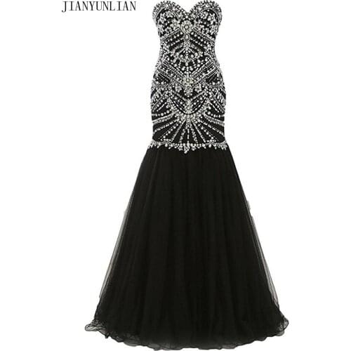 Evening Dress 2019 Vestidos De Noite Para Casamento Crystals Beaded Black Mermaid Prom Dresses