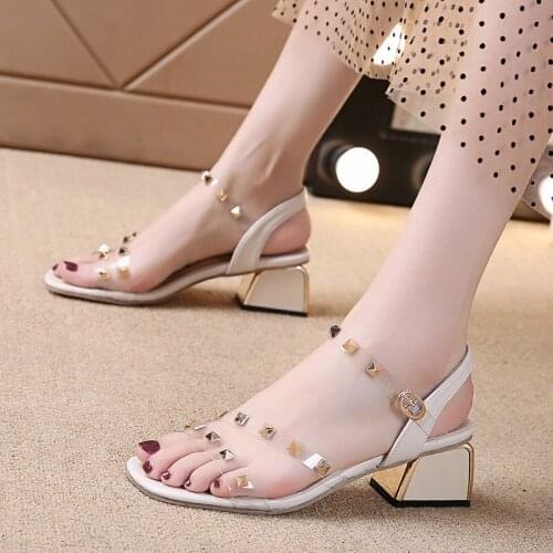 LLOGAI 2021 Women Sandals Summer Shoes Thick High Heels Woman Sexy Party Shoes Fashion Rivet Transparent Leather Rome Sandals