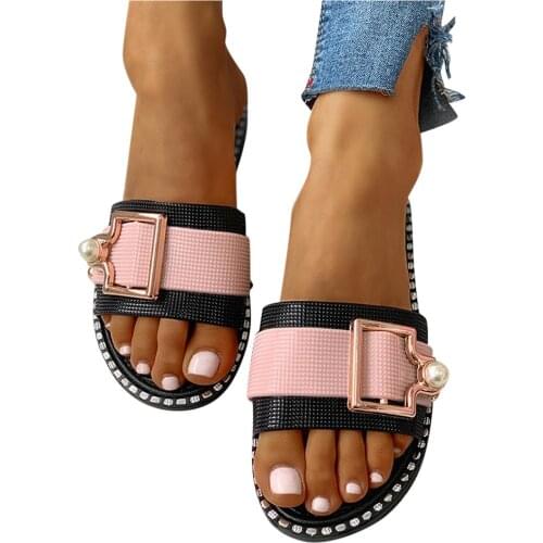 Womens New Summer Fashion Daily Pearl Button Flat Floor Indoor And Outdoor Casual Lady Slippers Dropshipping Fulfillment