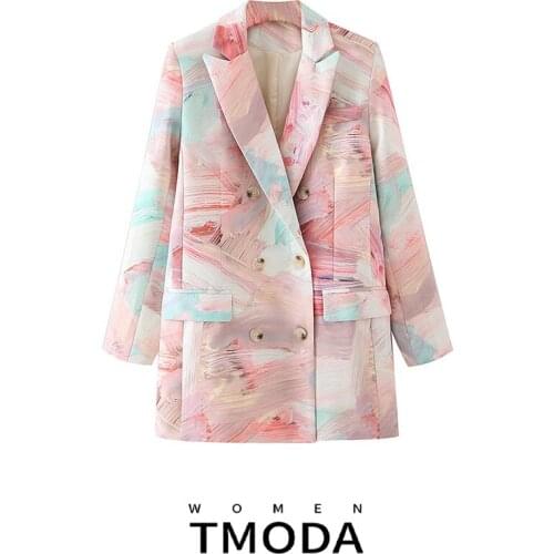 TMODA412 Women 2020 Fashion Double Breasted Graffiti Print Blazers Coat Vintage Long Sleeve Pockets Female Outerwear Chic Tops