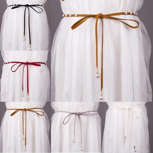Women Stylish Pearl Waist Rope Ladies Dress Knotted Waistband Belt Decoration