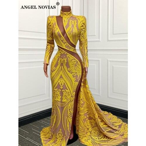 ANGEL NOVIAS Long Sleeves High Neck Yellow Arabic Evening Dress 2020 Formal Prom Gowns 2021 vestido sirena largo