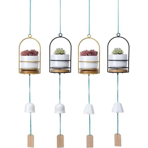 1 Set Creative Wind Chime Hanging Pot Decor Funny Wind-bell Bamboo Tray Decor Hanging Wishing Plate Ceramic Flowerpot Succulent