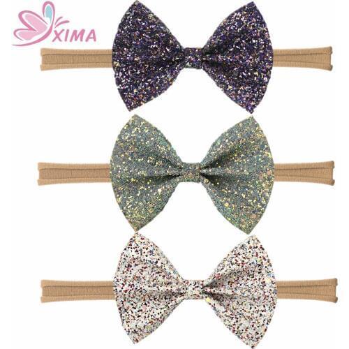 XIMA 1PC Retail 4'Shiny Sequin Bow Headband for Kids Soft Nylon Headbands Hair Band Hair Accessories
