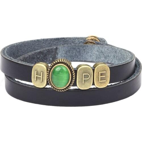 2019 Popular Leather Bracelet Engraved HOPE Braided Bracelet Alloy Letter Green Opal Exquisite Unisex Bracelet Jewlry Gifts