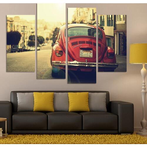 No frame 4 Panel classic Sports Car Wall Art Picture Cool Orange Reflective Canvas Print Painting For Living Room Decoration