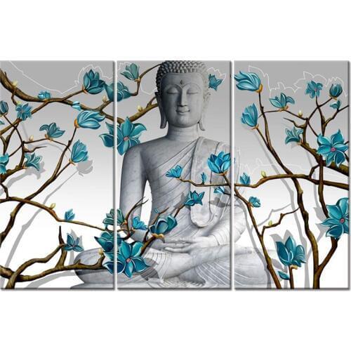 5D Diy Diamond Painting 3pcs Buddha Statue with Abstract Blue Flowers Painting By Numbers Cross Stitch Full Square Round