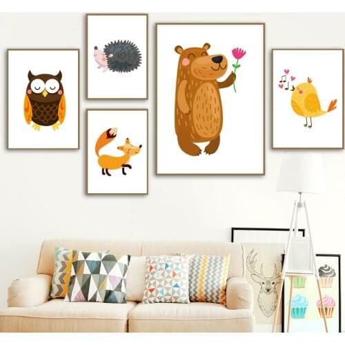 Abstract Cartoon Owl Hedgehog Bear Flower Cock Sing Wall Art Canvas Painting Nordic Posters And Prints Pictures kids Room Decor